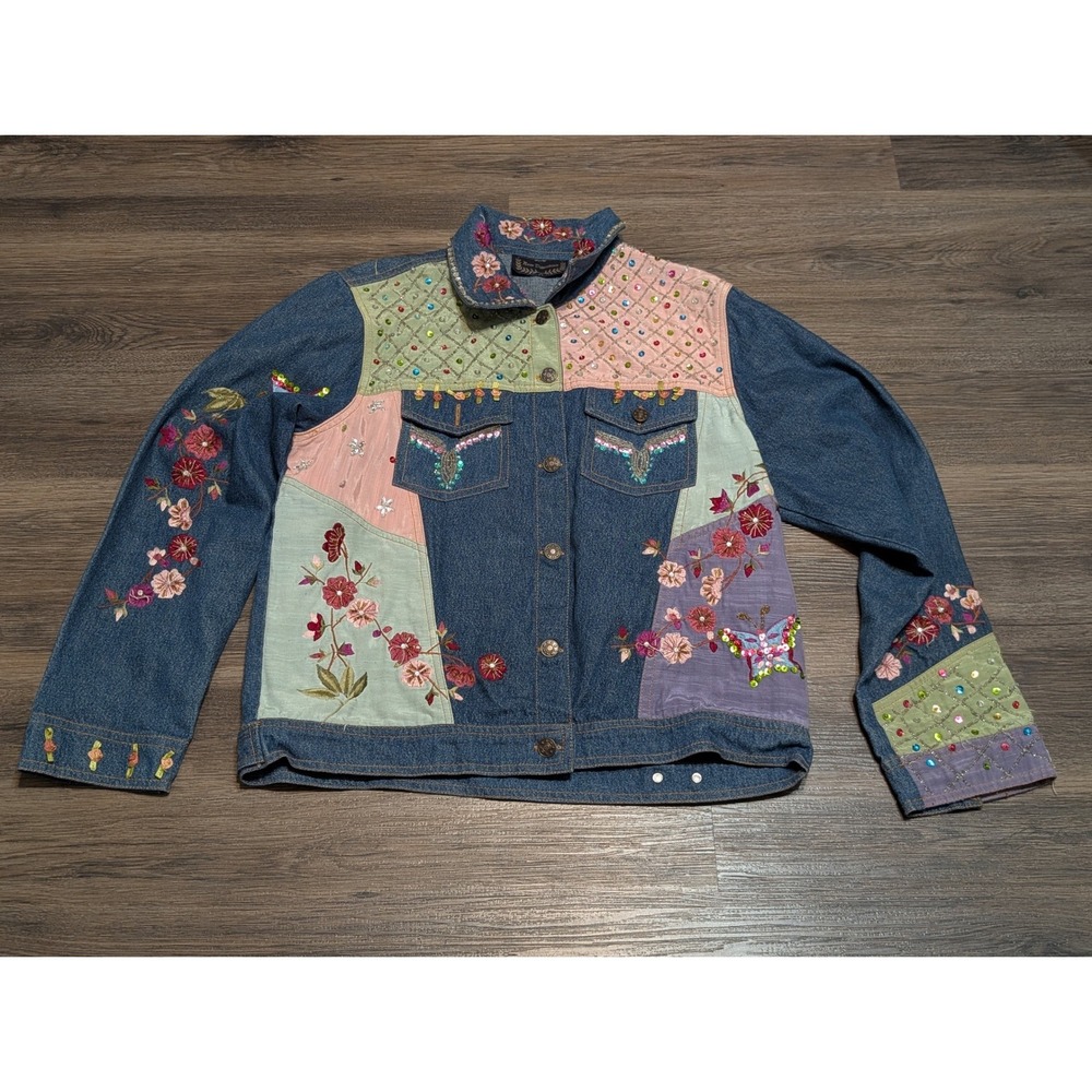 New Direction Womens Denim Jacket Blue Patchwork Floral Embroidered‎ Sequins